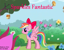 Size: 830x650 | Tagged: safe, oc, oc only, oc:sparkles fantastic, alicorn, pony, alicorn oc, bow, do not steal, donut steel, female, hair bow, horn, magenta eyes, mare, multicolored hair, parody, rainbow hair, side view, solo, spread wings, standing, wings