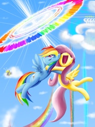 Size: 1200x1600 | Tagged: safe, artist:forevernyte, derpy hooves, fluttershy, rainbow dash, pegasus, pony, g4, excited, female, happy, lesbian, mare, ship:flutterdash, shipping, sonic rainboom