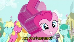 Size: 1280x720 | Tagged: safe, bon bon, carrot top, cherry berry, golden harvest, linky, pinkie pie, sassaflash, shoeshine, spring melody, sprinkle medley, sweetie drops, g4, are you frustrated?, frustrated, image macro, meme, ms paint, smiling, text, wat