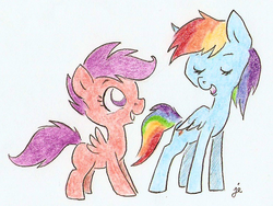Size: 756x570 | Tagged: safe, artist:swiftcutter, rainbow dash, scootaloo, pegasus, pony, g4, duo, female