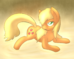 Size: 750x600 | Tagged: safe, artist:lamia, applejack, earth pony, pony, g4, female, looking at you, loose hair, prone, solo