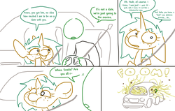 Size: 1002x638 | Tagged: safe, artist:weaver, snails, oc, oc:anon, human, g4, car, comic, driving, riding, rule 63, simple background, spaghetti, spice, sweat, vomit, white background