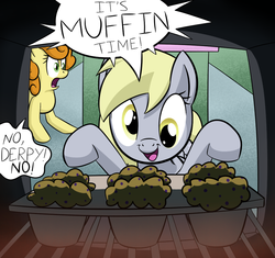 Size: 1000x940 | Tagged: safe, artist:lamia, carrot top, derpy hooves, golden harvest, earth pony, pegasus, pony, g4, cute, derpabetes, eyes on the prize, female, frown, goofy time, happy, imminent darwin award, mare, meme, muffin, open mouth, oven, phineas and ferb, smiling, speech bubble, that pony sure does love muffins, this will end in tears, too dumb to live, wide eyes, yelling