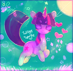 Size: 615x600 | Tagged: safe, artist:mujinai, twilight sparkle, pony, unicorn, g4, eyes closed, female, heart, mare, signature, solo