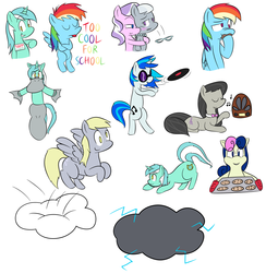 Size: 2751x2815 | Tagged: safe, artist:lamia, bon bon, derpy hooves, diamond tiara, dj pon-3, lyra heartstrings, octavia melody, rainbow dash, silver spoon, sweetie drops, vinyl scratch, g4, blushing, cookie, female, glasses, high res, hug, lesbian, ship:lyrabon, ship:silvertiara, shipping, younger