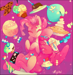 Size: 835x850 | Tagged: safe, artist:mujinai, pinkie pie, earth pony, pony, g4, candy, female, food, solo, surreal, suspended, thick eyebrows