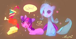 Size: 832x426 | Tagged: dead source, safe, artist:mujinai, trixie, twilight sparkle, pony, unicorn, g4, cute, drool, drumstick, eyes on the prize, floppy ears, food, glowing horn, heart, horn, hungry, levitation, magic, meat, pie, ponies eating meat, prone, sitting, sparkles, telekinesis, thick eyebrows