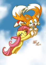 Size: 1748x2480 | Tagged: safe, artist:projectzuel, fluttershy, g4, crossover, crossover shipping, female, fluttertails, interspecies, male, miles "tails" prower, shipping, sonic the hedgehog (series), straight