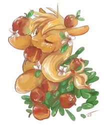 Size: 1224x1368 | Tagged: safe, artist:fyrecalla, applejack, earth pony, pony, g4, apple, eyes closed, female, flower, solo, that pony sure does love apples