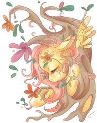 Size: 1080x1368 | Tagged: safe, artist:fyrecalla, fluttershy, pony, g4, eyes closed, female, fluttertree, mare, plant tf, plant transformation, profile, simple background, solo, species swap, transformation, white background