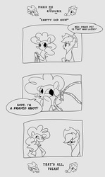 Size: 647x1082 | Tagged: safe, artist:egophiliac, applejack, pinkie pie, g4, awesome face, comic, joke, monochrome, pun