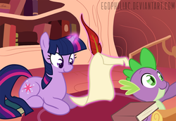 Size: 1800x1238 | Tagged: safe, artist:egophiliac, spike, twilight sparkle, g4, book, quill, scroll, writing