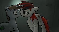Size: 1328x719 | Tagged: safe, artist:johnnoz, oc, oc only, oc:blackjack, oc:littlepip, cyborg, pony, unicorn, fallout equestria, fallout equestria: project horizons, duo, fanfic, fanfic art, female, horn, kiss on the lips, kissing, lesbian, mare, shipping