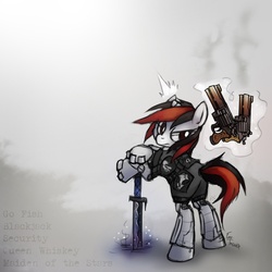 Size: 1280x1280 | Tagged: safe, artist:fore-trekker, oc, oc only, oc:blackjack, cyborg, pony, unicorn, fallout equestria, fallout equestria: project horizons, butt, fanfic, fanfic art, female, glowing horn, gun, handgun, hooves, horn, level 1 (project horizons), levitation, magic, mare, plot, queen whiskey, revolver, solo, sword, telekinesis, text, weapon