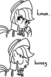 Size: 763x1140 | Tagged: safe, artist:miketheuser, applejack, g4, comic, crossover, dialogue, heresy, imperium, inquisition, inquisitor, monochrome, reaction image, simple background, warhammer (game), warhammer 40k, white background