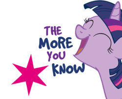 Size: 499x403 | Tagged: safe, twilight sparkle, pony, g4, bust, eyes closed, female, happy, reaction image, simple background, smiling, solo, stars, text, the more you know