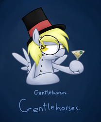 Size: 1000x1200 | Tagged: safe, artist:tealdragon44, derpy hooves, pegasus, pony, g4, female, frown, gradient background, hat, mare, martini glass, monocle, solo, top hat