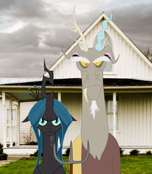 Size: 688x790 | Tagged: safe, discord, queen chrysalis, changeling, changeling queen, draconequus, g4, american gothic, equestrian gothic, female, fine art parody, male, parody
