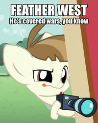 Size: 300x375 | Tagged: safe, featherweight, g4, camera, caption, colt, crossover, dead rising, foal, frank west, image macro, male, text, tongue out