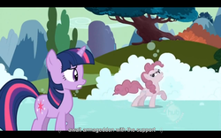 Size: 1024x640 | Tagged: safe, screencap, pinkie pie, twilight sparkle, g4, the return of harmony, discorded, letterboxing, youtube caption