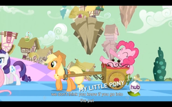 Size: 1024x640 | Tagged: safe, screencap, applejack, pinkie pie, rarity, g4, the return of harmony, chaos, discorded landscape, letterboxing, youtube caption