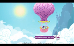 Size: 1024x640 | Tagged: safe, edit, edited screencap, screencap, spike, twilight sparkle, g4, lesson zero, my little pony: friendship is magic, caption, hot air balloon, hub logo, intro, opening, youtube caption