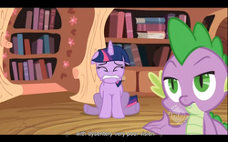 Size: 1024x640 | Tagged: safe, edit, edited screencap, screencap, spike, twilight sparkle, dragon, pony, unicorn, g4, lesson zero, caption, female, hub logo, implied diarrhea, implied dysentery, male, mare, youtube caption