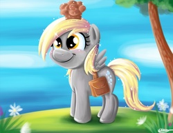 Size: 825x638 | Tagged: safe, artist:bunnimation, derpy hooves, pegasus, pony, g4, female, filly, foal, food, muffin, saddle bag, smiling, solo, sparkling, younger