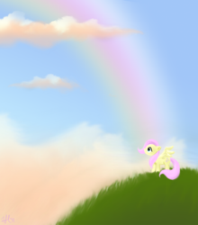 Size: 1200x1361 | Tagged: safe, artist:macflash2, fluttershy, pegasus, pony, g4, female, grass, looking up, mare, outdoors, profile, rainbow, sky, solo, spread wings, wings