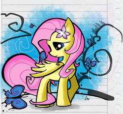 Size: 1145x1064 | Tagged: dead source, safe, artist:dagmlp, fluttershy, butterfly, pegasus, pony, g4, abstract background, female, flower, flower in hair, looking at something, mare, one wing out, sitting on wing, smiling, solo, three quarter view, turned head, wings