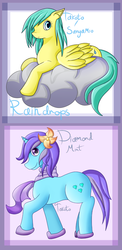 Size: 760x1552 | Tagged: safe, artist:takoto, diamond mint, sunshower raindrops, pegasus, pony, unicorn, g4, background pony, clothes, cloud, female, flower, flower in hair, folded wings, mare, on a cloud, saddle, scarf, shoes, signature, sitting, sitting on a cloud, smiling, tack, wings