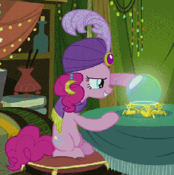 Size: 433x435 | Tagged: safe, screencap, pinkie pie, earth pony, pony, g4, it's about time, season 2, animated, cropped, crystal ball, female, fortune teller, loop, madame pinkie, mystical orb of fate's destiny, solo, turban