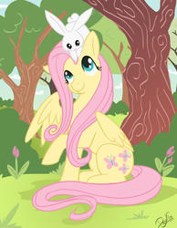 Size: 1300x1677 | Tagged: safe, artist:dawnallies, angel bunny, fluttershy, g4, angelbetes, cute, looking at each other, pet, shyabetes, sitting on head