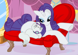 Size: 1052x744 | Tagged: safe, artist:dawnallies, opalescence, rarity, cat, pony, unicorn, g4, cute, fainting couch, female, heartwarming, looking at each other, mare, opalbetes, pet, raribetes, snuggling