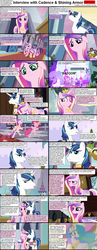 Size: 1282x3304 | Tagged: safe, pinkie pie, princess cadance, princess celestia, queen chrysalis, shining armor, twilight sparkle, changeling, changeling queen, comic:celestia's servant interview, g4, caption, comic, interview