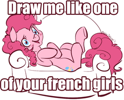 Size: 773x622 | Tagged: safe, artist:clovercoin, pinkie pie, earth pony, pony, g4, crossover, draw me like one of your french girls, female, mare, on back, parody, solo, titanic