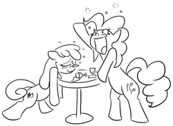 Size: 1096x797 | Tagged: dead source, safe, artist:shoutingisfun, berry punch, berryshine, pinkie pie, earth pony, pony, g4, alcohol, bipedal, drunk, duo, duo female, eyes closed, female, mare, monochrome, open mouth