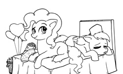 Size: 1600x971 | Tagged: safe, artist:raph13th, pinkie pie, rainbow dash, earth pony, pegasus, pony, g4, balloon, bed, black and white, cast, duo, female, grayscale, lesbian, lineart, looking at you, mare, missing cutie mark, monochrome, nurse, on bed, prone, ship:pinkiedash, shipping, simple background, sleeping, white background