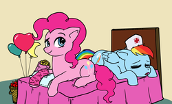 Size: 1600x971 | Tagged: safe, artist:plasters-ponies, artist:raph13th, pinkie pie, rainbow dash, earth pony, pegasus, pony, g4, balloon, bed, cast, colored, duo, female, hat, lesbian, looking at you, mare, nurse, nurse hat, on bed, prone, ship:pinkiedash, shipping, sleeping
