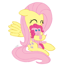 Size: 900x836 | Tagged: dead source, safe, artist:speccysy, fluttershy, pinkie pie, pony, g4, doll, eyes closed, female, pinkie pie plushie, plushie, simple background, solo