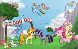 Size: 900x562 | Tagged: safe, artist:speccysy, apple bloom, carrot top, derpy hooves, fluttershy, golden harvest, owlowiscious, pinkie pie, rainbow dash, scootaloo, spike, sweetie belle, trixie, twilight sparkle, bird, dragon, earth pony, owl, pegasus, pony, unicorn, g4, female, filly, floppy ears, fluttershy riding pinkie pie, mare, riding a pony, riding on back, unicorn twilight