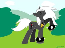 Size: 1280x947 | Tagged: safe, artist:mofetafrombrooklyn, oc, oc only, oc:high cross, pony, unicorn, black body, black coat, black fur, black pony, cross, cross necklace, eyes closed, frown, horn, jewelry, male, male oc, necklace, outdoors, pony oc, raised hoof, signature, solo, spiked wristband, stallion, stallion oc, tail, unicorn oc, white hair, white mane, white tail, wristband