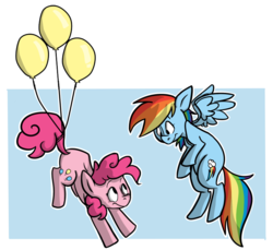 Size: 796x730 | Tagged: safe, artist:barpoet, pinkie pie, rainbow dash, g4, balloon, female, flying, then watch her balloons lift her up to the sky