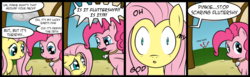 Size: 900x276 | Tagged: safe, artist:speccysy, fluttershy, pinkie pie, earth pony, pony, rabbit, g4, animal, comic, looking at you, rabbit foot, scared