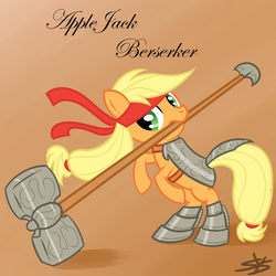 Size: 900x900 | Tagged: safe, artist:speccysy, applejack, earth pony, pony, g4, armor, fantasy class, female, hammer, mouth hold, solo