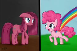 Size: 900x599 | Tagged: safe, artist:speccysy, pinkie pie, g4, duality, filly, foal, pinkamena diane pie, rainbow, self ponidox