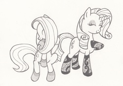 Size: 3048x2136 | Tagged: safe, artist:aqnichols, artist:beechsprout, fluttershy, rarity, g4, clothes, high res, monochrome, socks, traditional art