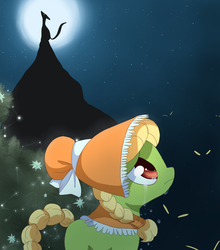 Size: 900x1024 | Tagged: dead source, safe, artist:loyaldis, granny smith, earth pony, pony, timber wolf, g4, ponyville confidential, bonnet, crying, eyes in the dark, female, filly, glowing eyes, looking up, night, sad, scared, solo, young granny smith, younger