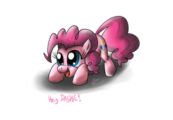 Size: 3450x2400 | Tagged: safe, artist:leadhooves, pinkie pie, earth pony, pony, g4, female, happy, high res, imminent pounce, implied rainbow dash, open mouth, open smile, smiling, solo
