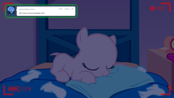 Size: 1280x720 | Tagged: dead source, safe, artist:jan, sweetie belle, ask the crusaders, vocational death cruise, g4, bed, cute, diasweetes, earth pony sweetie belle, eyes closed, lying down, lying on bed, on bed, pillow, prone, sleeping, smiling, sweetie bald